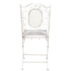 Chaise Chantilly vintage blanche en fer forgé avec coussin écru