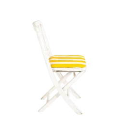 Chaise Napoléon III blanche pliante avec galette rayée jaune