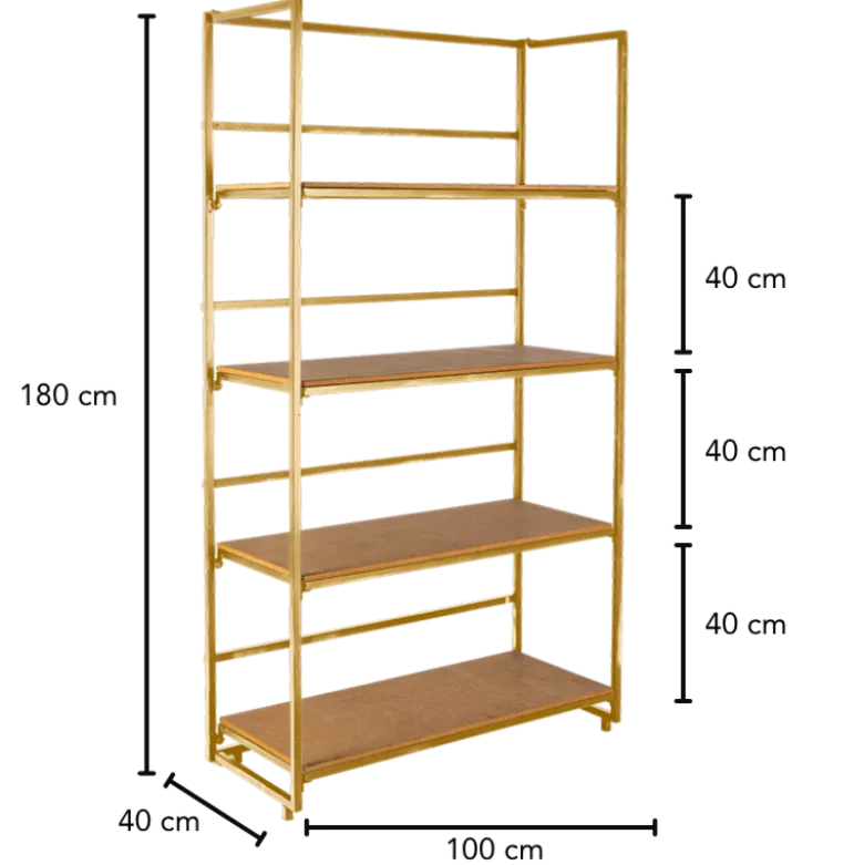 Etagère dorée et bois 40 x 100 cm H 180 cm