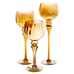 Lot de 3 bougeoirs en verre dorés sur pied H 30,5 - 35,5 - 40 cm